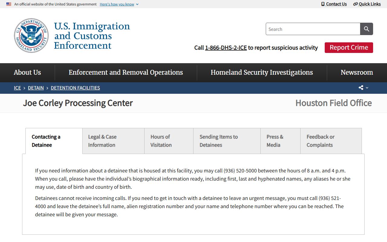 ICE Joe Corley Processing Center facility page