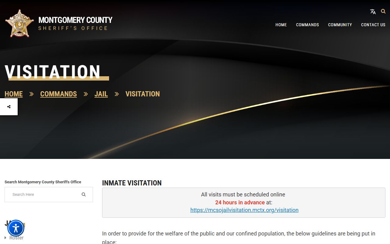 Montgomery County jail visitation page for inmate records
